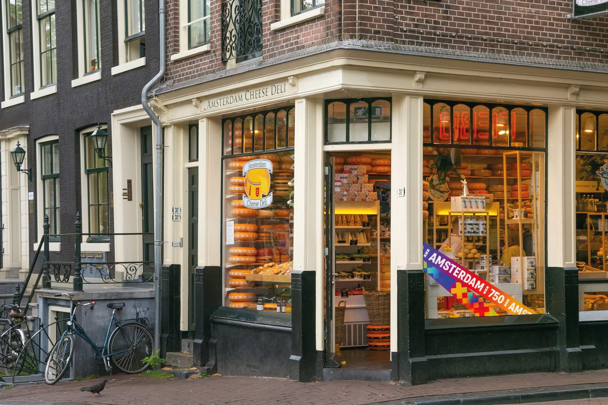 Amsterdam 750 banner in a cheese shop on Amsterdam street